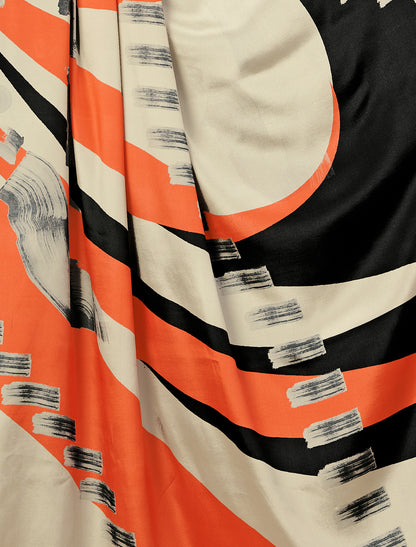 Off-White and Black Malai Silk Crepe Digital Print Saree