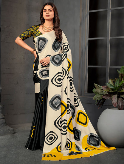 Cream Off-White Malai Silk Crepe Digital Print Saree