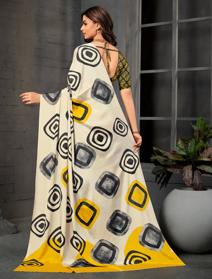 Cream Off-White Malai Silk Crepe Digital Print Saree