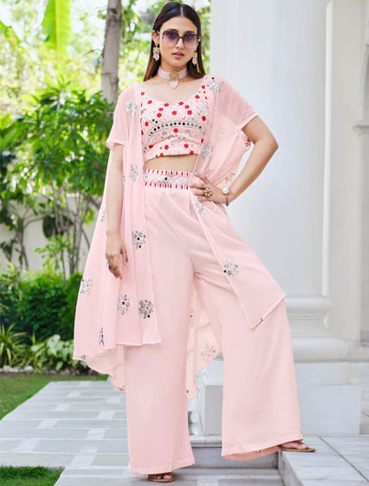 Enchanting Pinnk Georgette Embroidered Stitched Koti Style Palazzo Co-ords Set Style