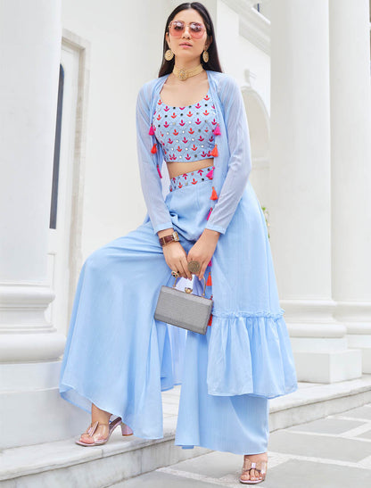 Mystique Blue Georgette Embroidered Stitched Koti Style Palazzo Co-ords Set Style