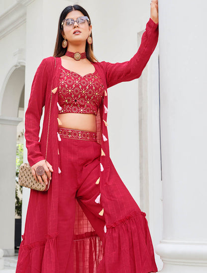 Regal Red Georgette Embroidered Stitched Koti Style Palazzo Co-ords Set Style