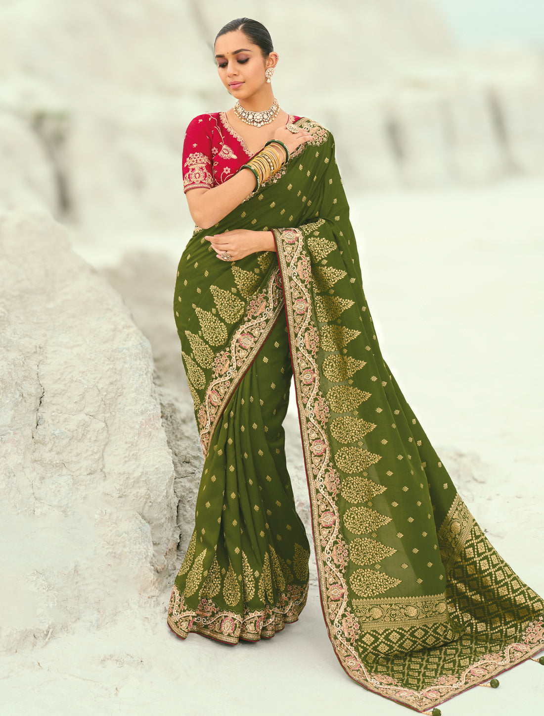 Mehandi Pure Dola Viscose Heavy Party Wear Designer Saree