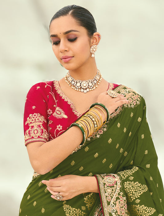 Mehandi Pure Dola Viscose Heavy Party Wear Designer Saree