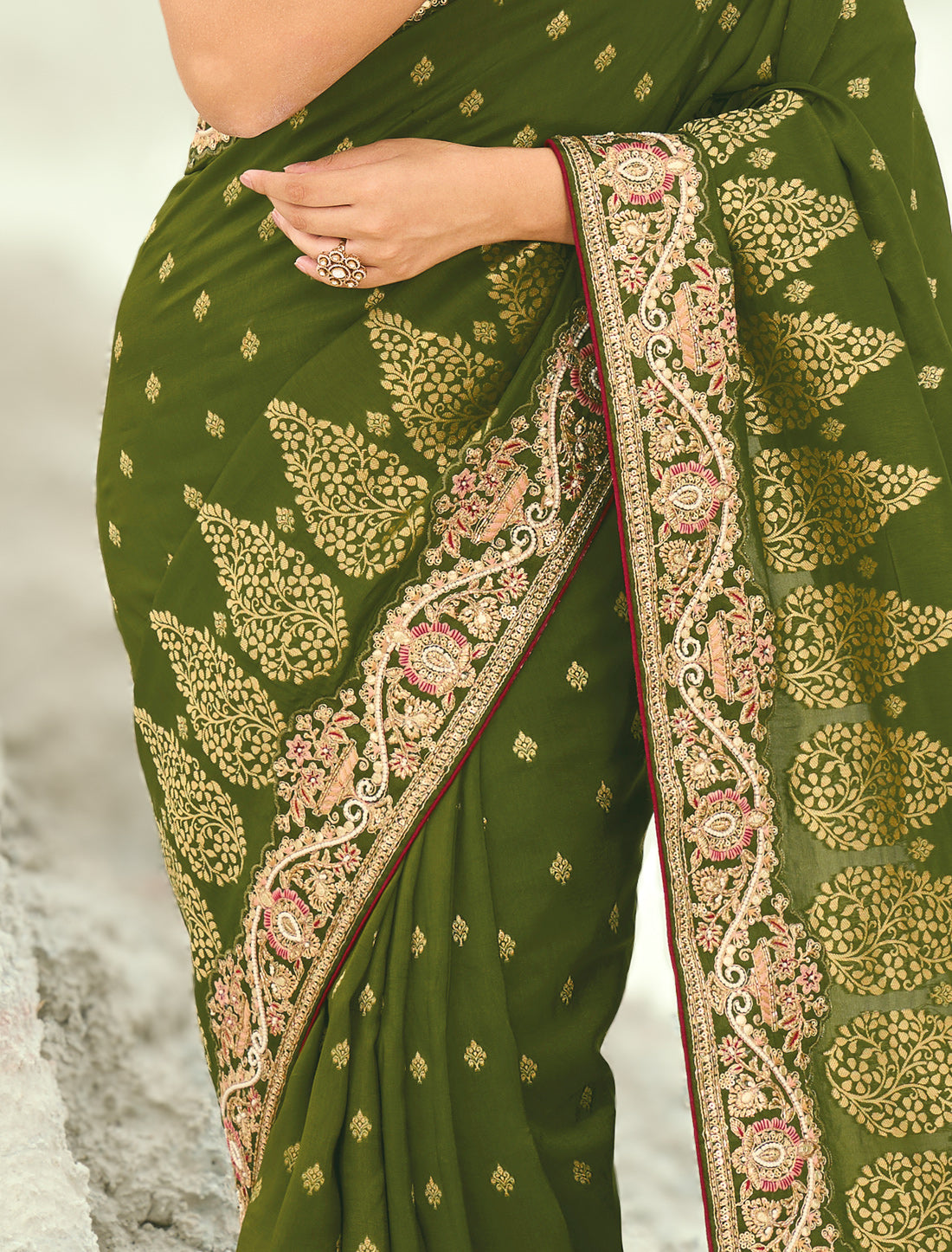 Mehandi Pure Dola Viscose Heavy Party Wear Designer Saree