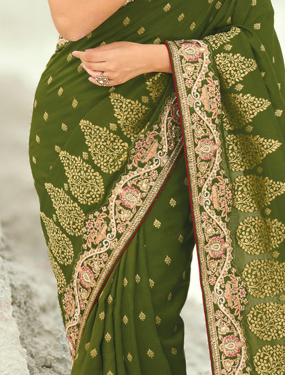 Mehandi Pure Dola Viscose Heavy Party Wear Designer Saree