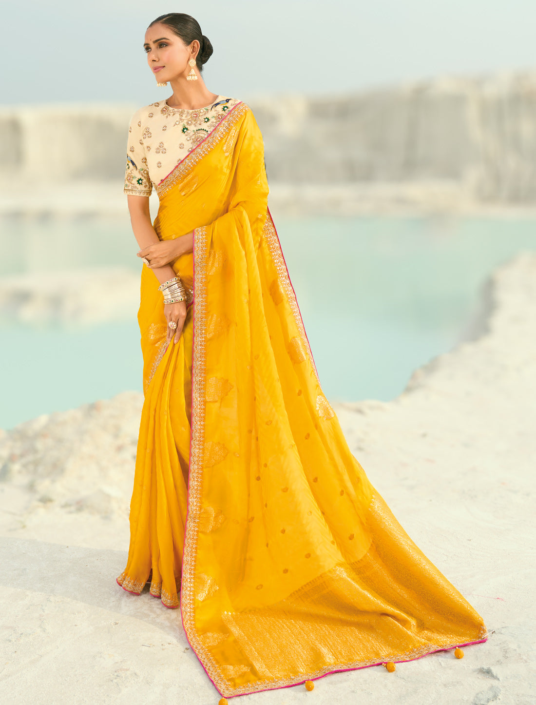 Yellow Pure Orgenza Heavy Viscose Designer Party Wear Saree