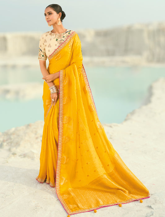 Yellow Pure Orgenza Heavy Viscose Designer Party Wear Saree