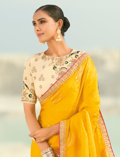 Yellow Pure Orgenza Heavy Viscose Designer Party Wear Saree