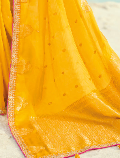 Yellow Pure Orgenza Heavy Viscose Designer Party Wear Saree
