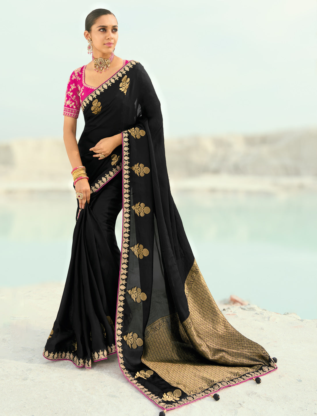 Balck Pure Orgenza Viscose Designer Party Wear Saree