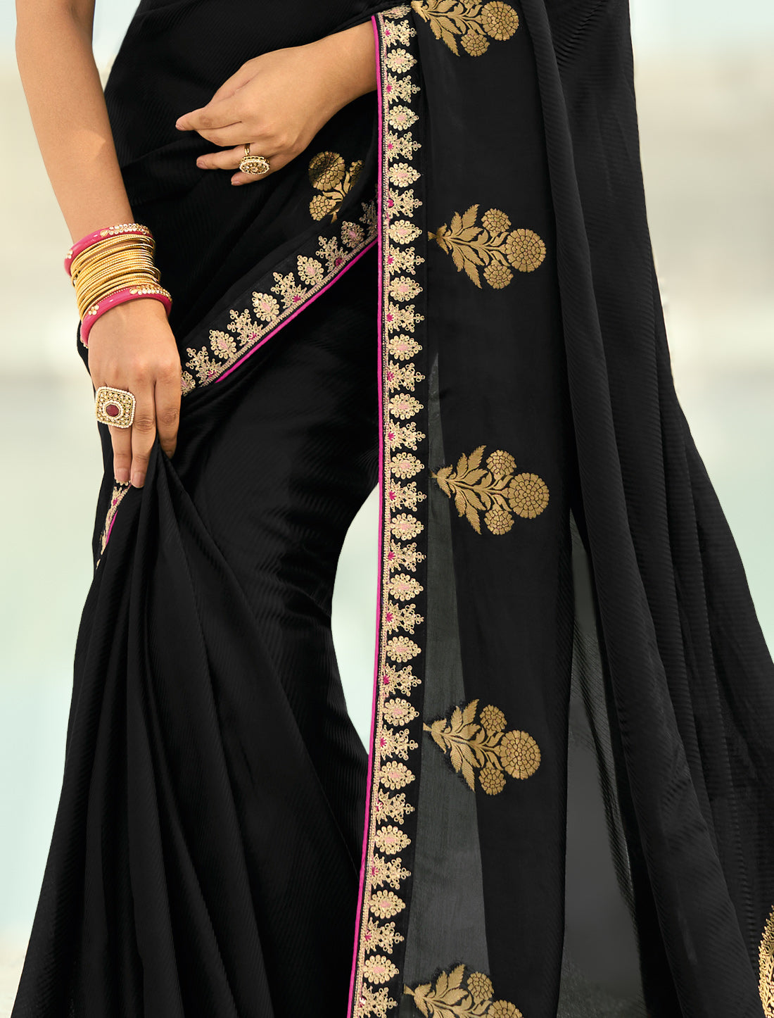 Balck Pure Orgenza Viscose Designer Party Wear Saree