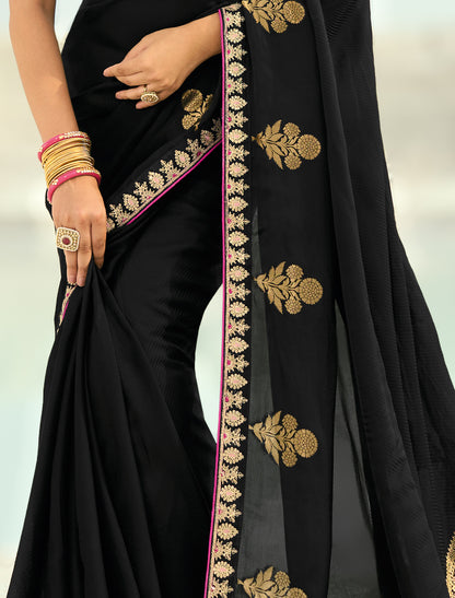 Balck Pure Orgenza Viscose Designer Party Wear Saree