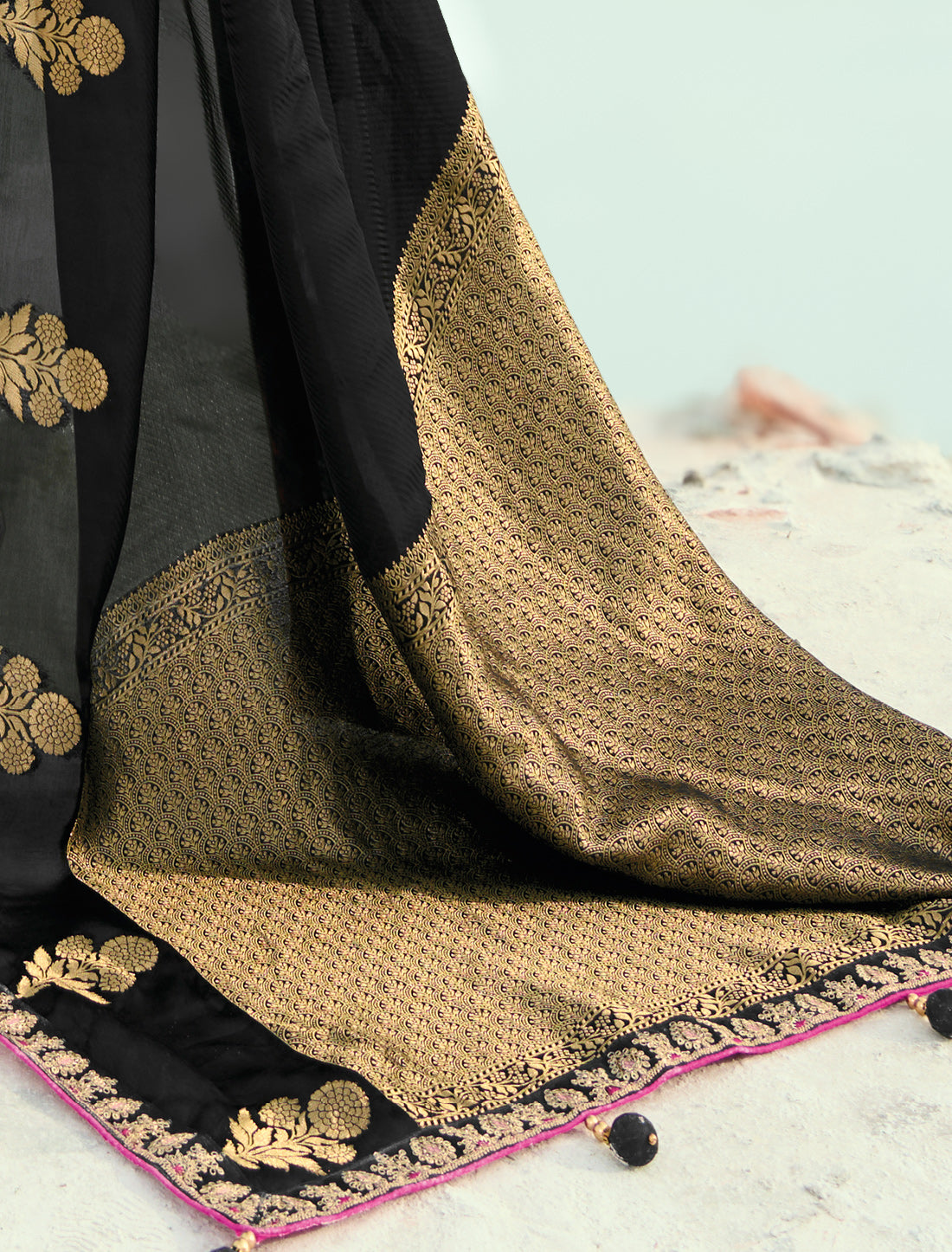 Balck Pure Orgenza Viscose Designer Party Wear Saree