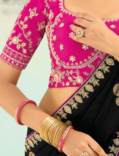 Balck Pure Orgenza Viscose Designer Party Wear Saree