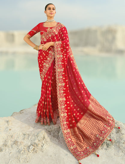 Red Rani Pure Dola Viscose Heavy Party Wear Designer Saree