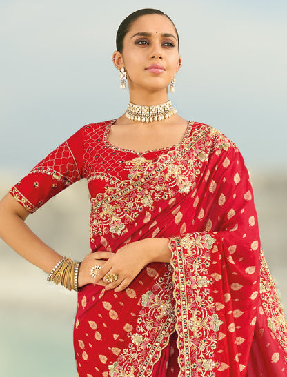 Red Rani Pure Dola Viscose Heavy Party Wear Designer Saree