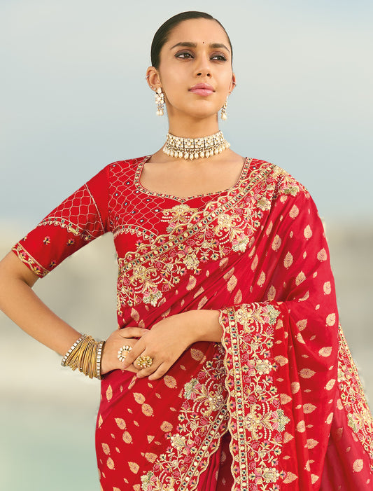Red Rani Pure Dola Viscose Heavy Party Wear Designer Saree