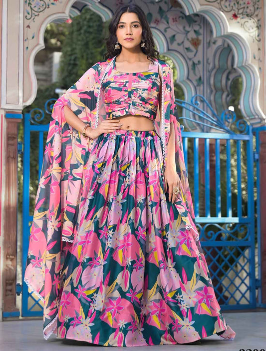 Pink Georgette Floral Digital Print Micro Cotton Ethnic Lehenga Choli