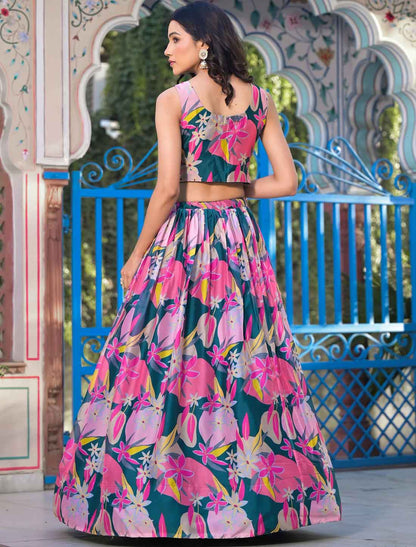 Pink Georgette Floral Digital Print Micro Cotton Ethnic Lehenga Choli