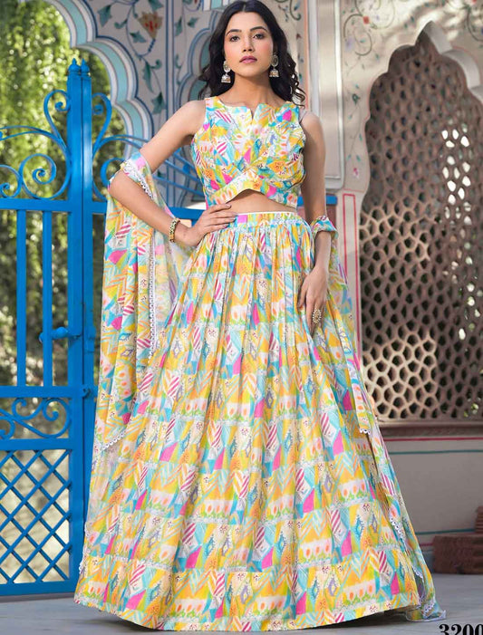 Yellow Georgette Digital Print Micro Cotton Ethnic Lehenga Choli