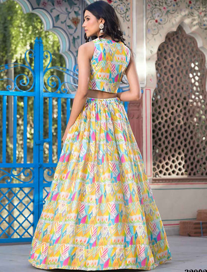 Yellow Georgette Digital Print Micro Cotton Ethnic Lehenga Choli