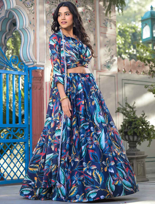 Blue Georgette Floral Digital Print Micro Cotton Ethnic Lehenga Choli