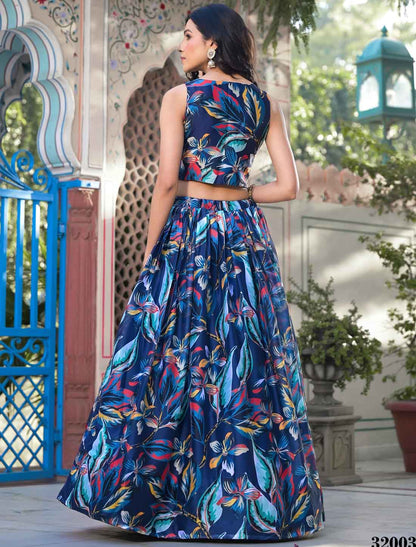 Blue Georgette Floral Digital Print Micro Cotton Ethnic Lehenga Choli