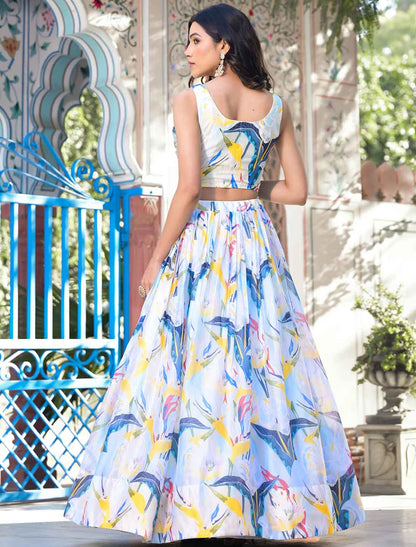White Georgette Floral Digital Print Micro Cotton Ethnic Lehenga Choli