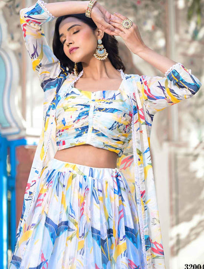 White Georgette Floral Digital Print Micro Cotton Ethnic Lehenga Choli