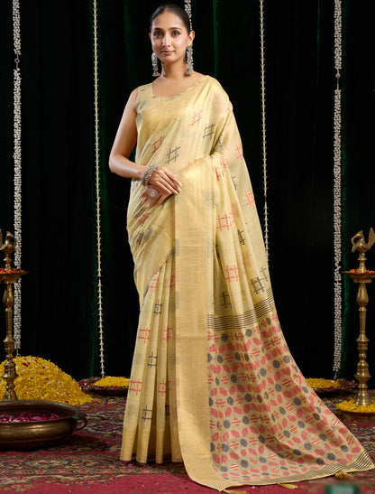 Cream Ethnic Soft Spun Cotton Jari Border With Zhallar Saree