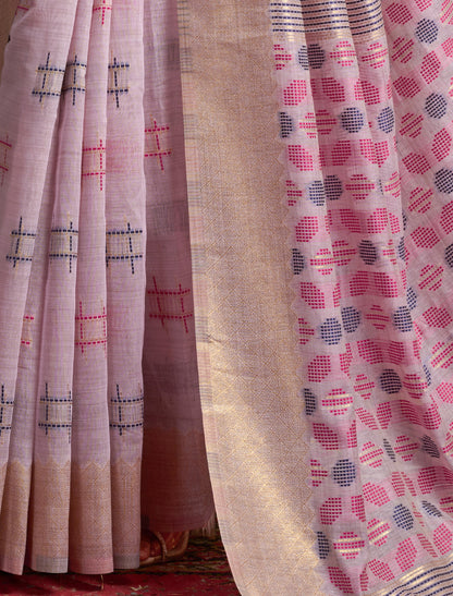Light Pink Soft Spun Cotton Jari Border With Zhallar Ethnic Saree