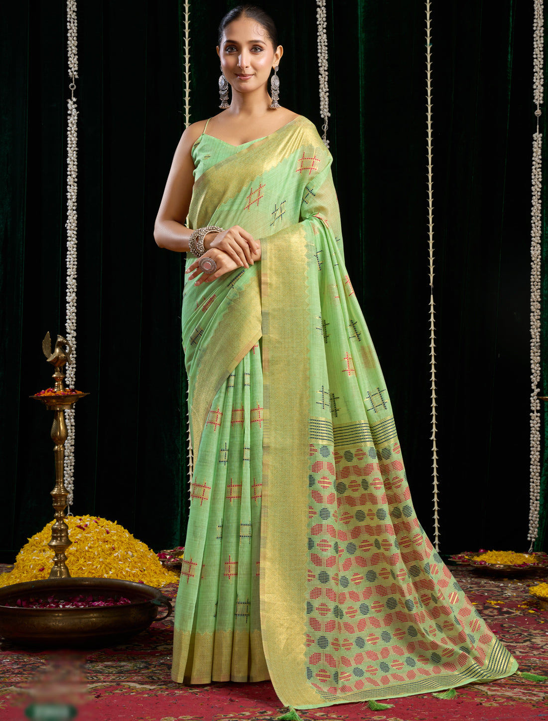 Pista Green Ethnic Soft Spun Cotton Jari Border With Zhallar Saree