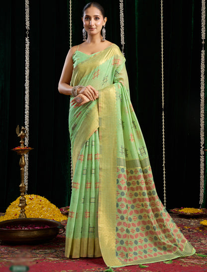 Pista Green Ethnic Soft Spun Cotton Jari Border With Zhallar Saree