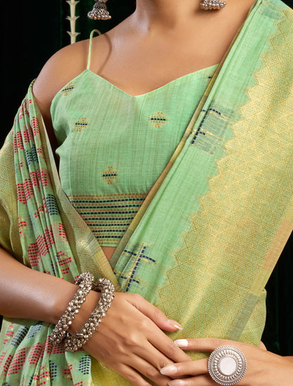 Pista Green Ethnic Soft Spun Cotton Jari Border With Zhallar Saree
