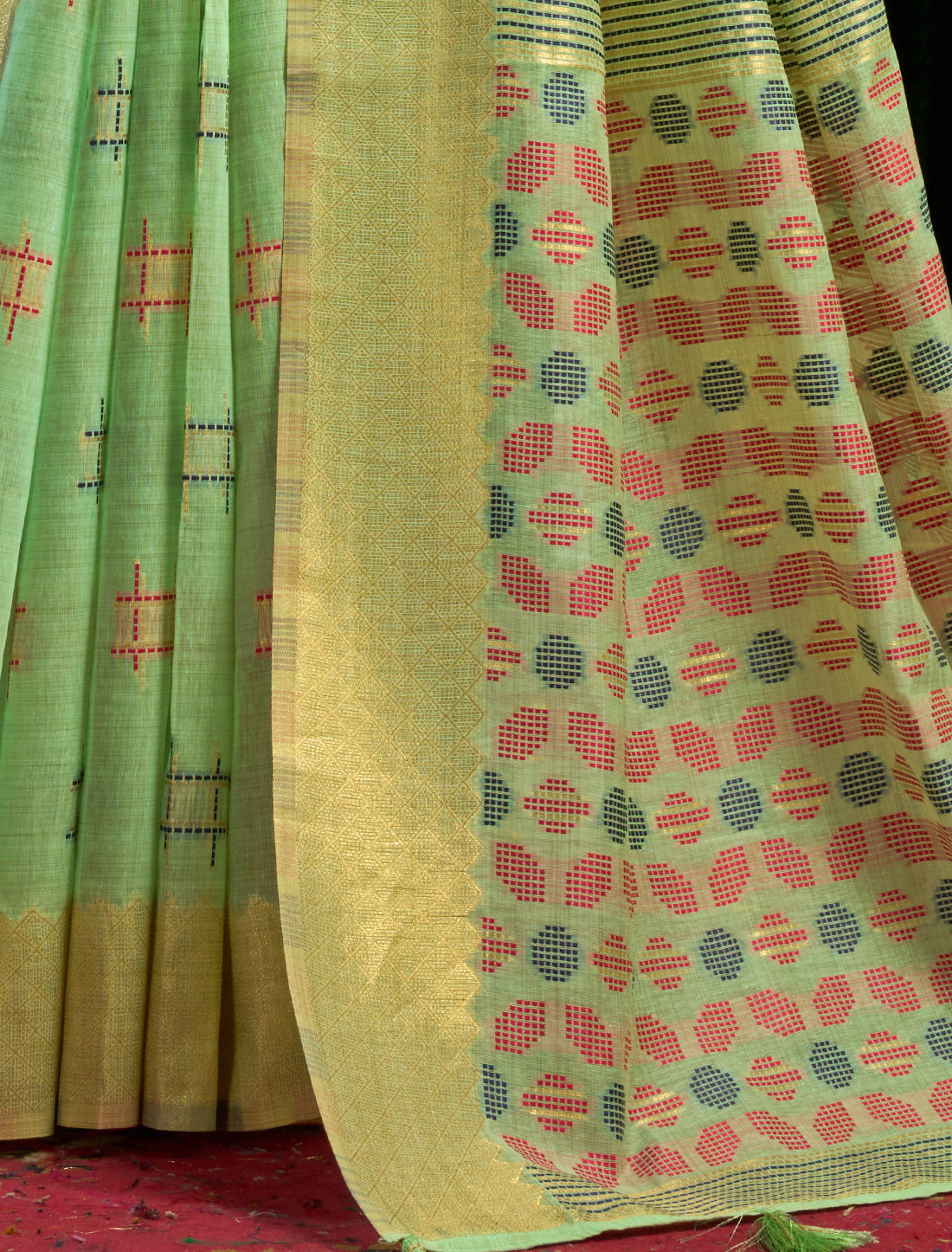 Pista Green Ethnic Soft Spun Cotton Jari Border With Zhallar Saree
