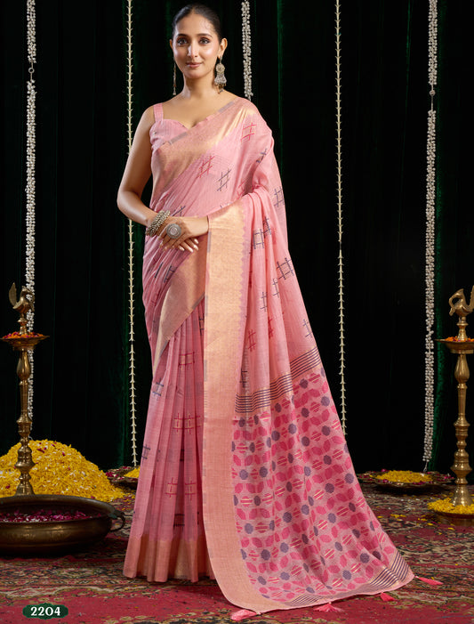 Ethnic Pink Soft Spun Cotton Jari Border With Zhallar Saree