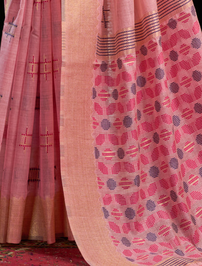 Ethnic Pink Soft Spun Cotton Jari Border With Zhallar Saree