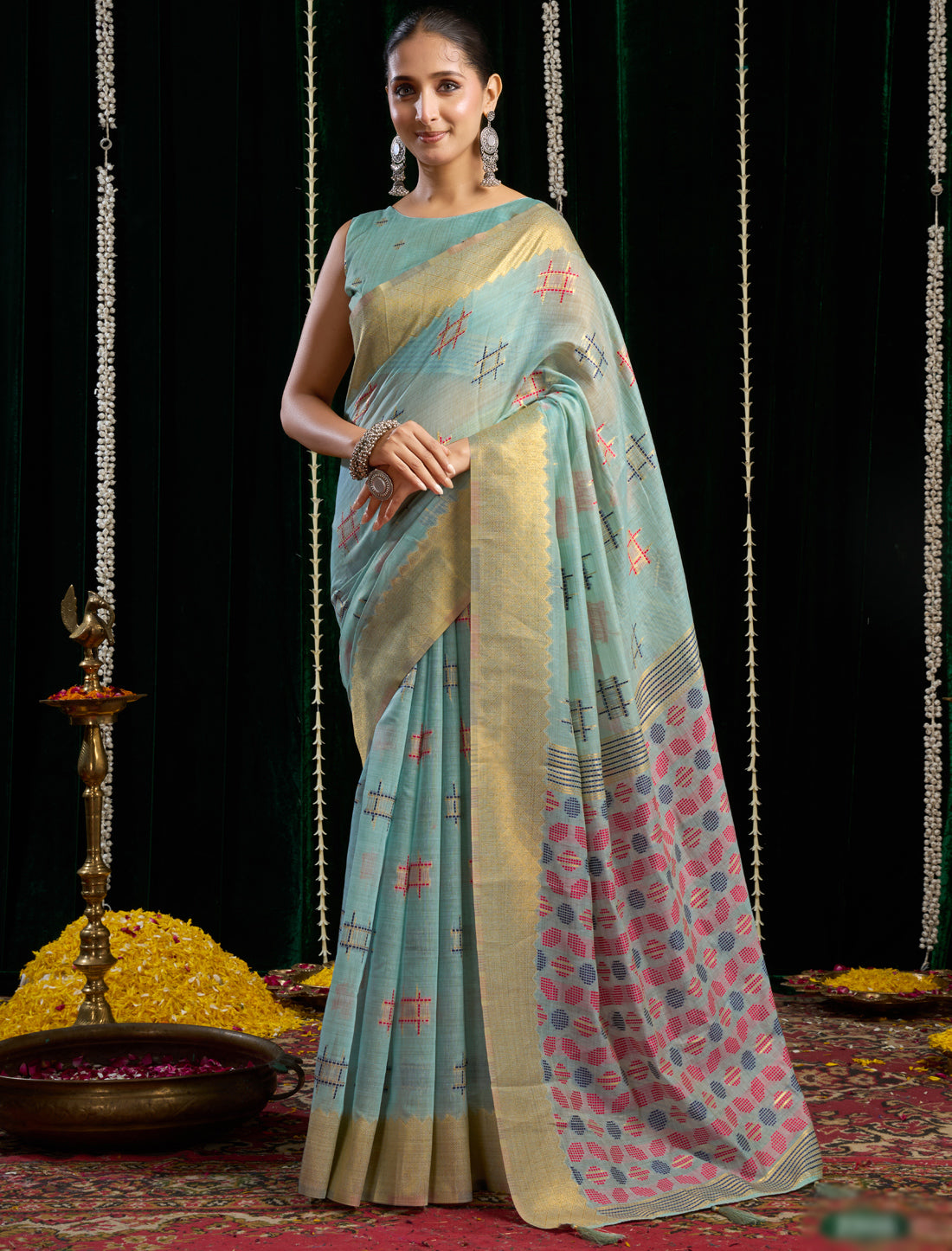 Blue Ethnic Soft Spun Cotton Jari Border With Zhallar Saree