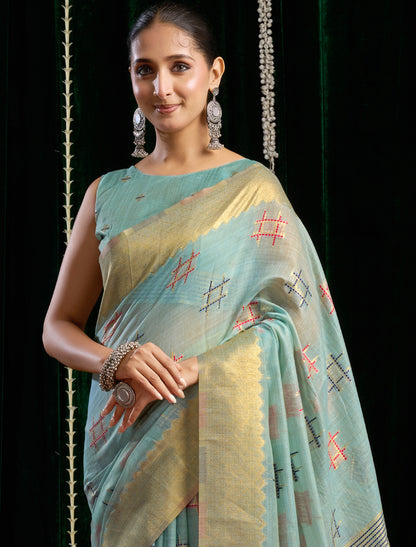 Blue Ethnic Soft Spun Cotton Jari Border With Zhallar Saree