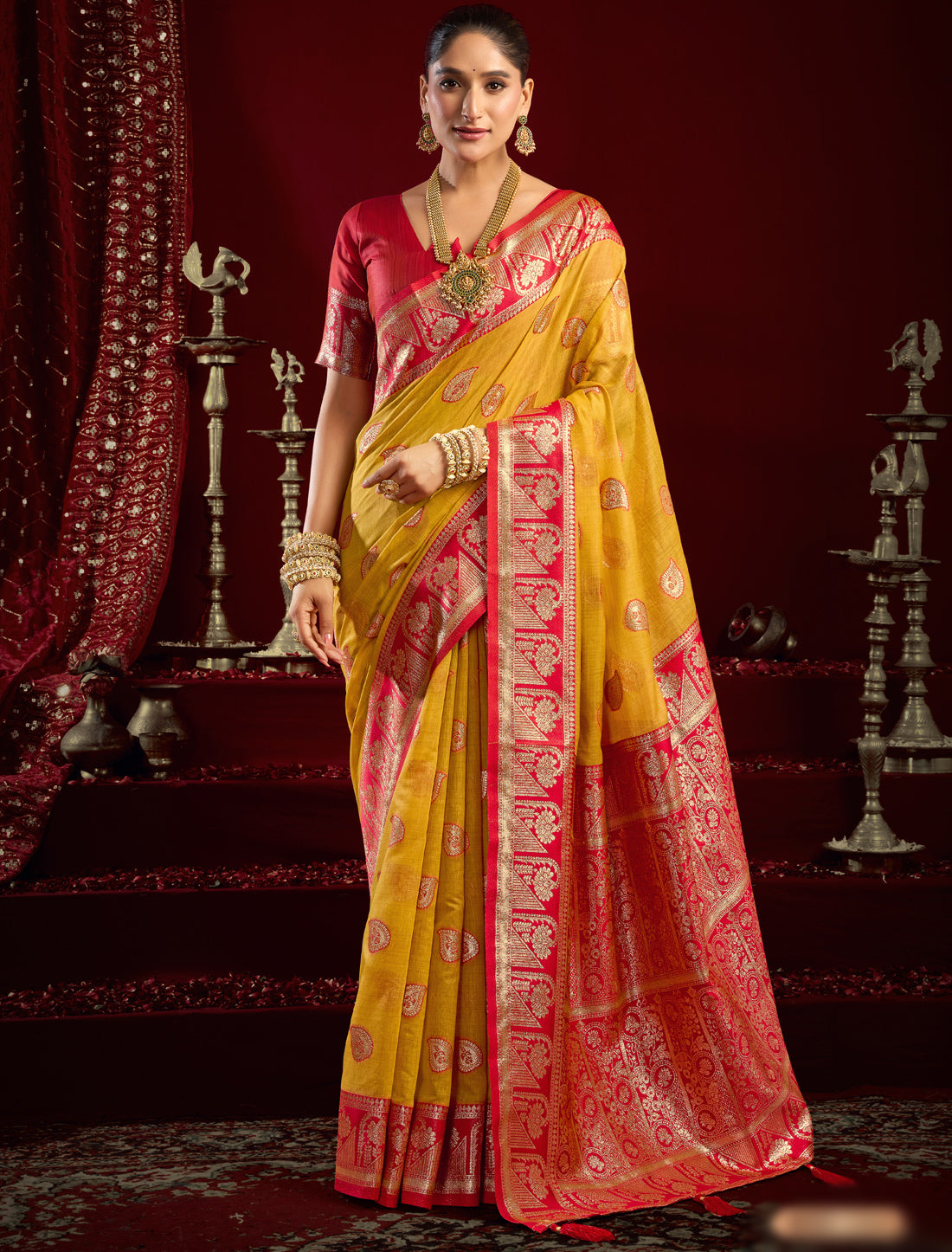 Red & Yellow Fancy Modal Banarasi Zari With Zhallar Ethnic Saree