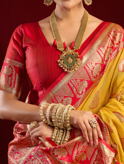 Red & Yellow Fancy Modal Banarasi Zari With Zhallar Ethnic Saree
