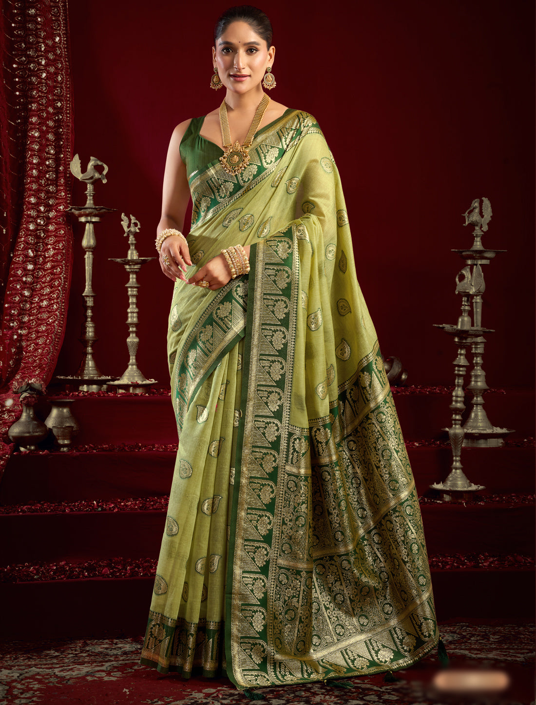 Dark& Light Green Fancy Modal Banarasi Zari With Zhallar Ethnic Saree