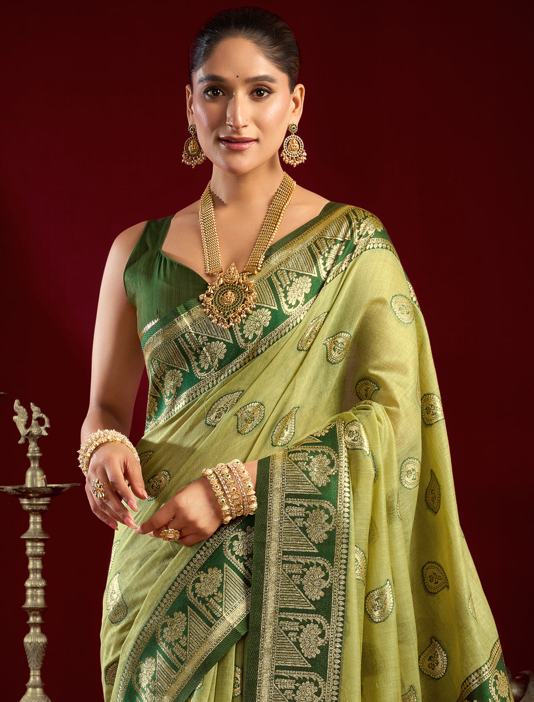 Dark& Light Green Fancy Modal Banarasi Zari With Zhallar Ethnic Saree