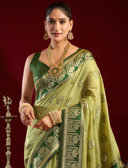 Dark& Light Green Fancy Modal Banarasi Zari With Zhallar Ethnic Saree