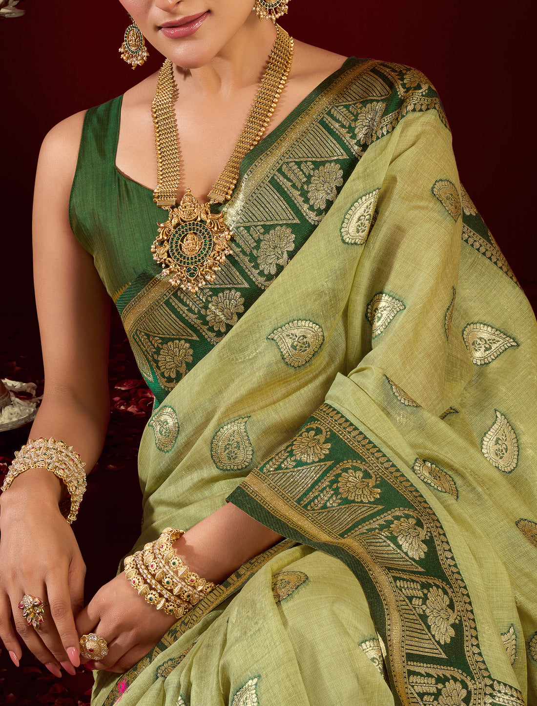 Dark& Light Green Fancy Modal Banarasi Zari With Zhallar Ethnic Saree