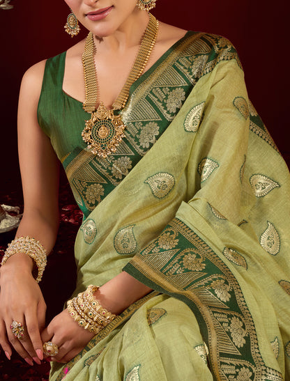 Dark& Light Green Fancy Modal Banarasi Zari With Zhallar Ethnic Saree