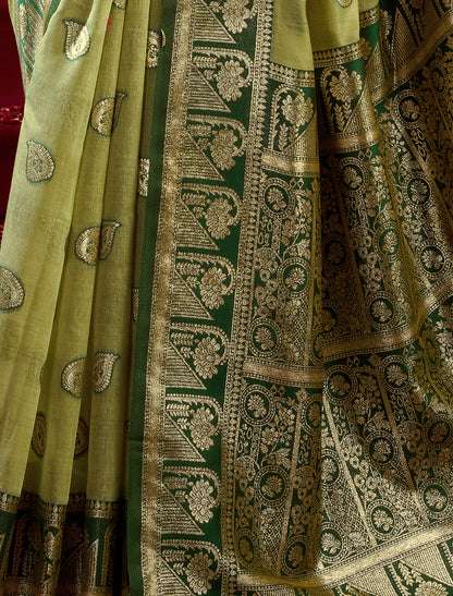Dark& Light Green Fancy Modal Banarasi Zari With Zhallar Ethnic Saree
