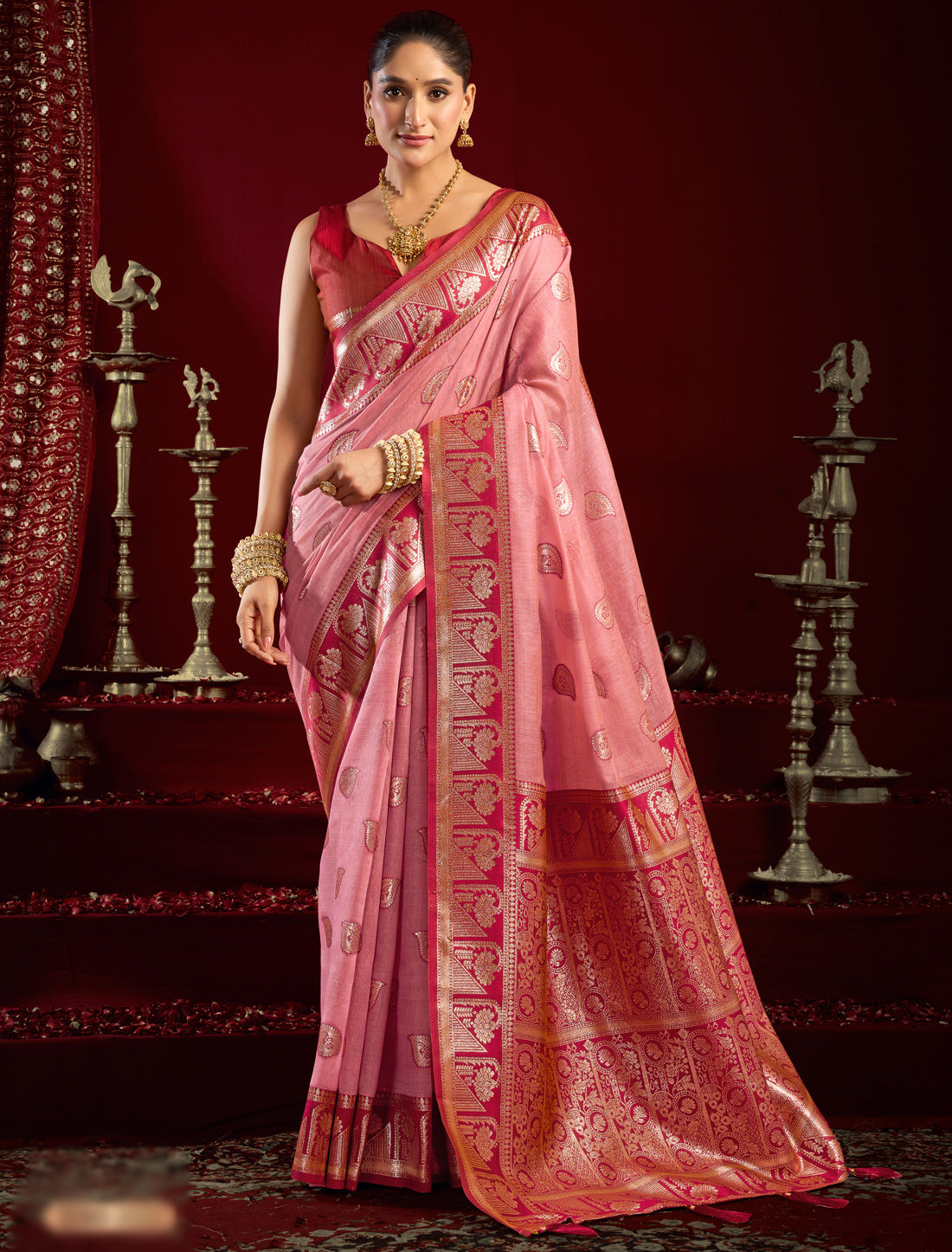 Ethnic Red & Pink Fancy Modal Banarasi Zari With Zhallar Saree