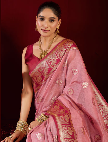 Ethnic Red & Pink Fancy Modal Banarasi Zari With Zhallar Saree